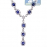 Womens Blue Sapphire Diamond Halo Y Shape Necklace 18K Gold 18"