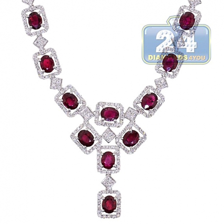 Womens Ruby Diamond Lariat Necklace 18K White Gold 8.39ct 18"