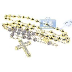 Mens Diamond Bead Cross Rosary Necklace 14K Yellow Gold 8.10ct