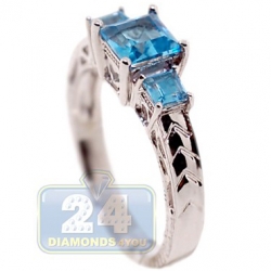 14K White Gold 1.27 ct 3 Stone Blue Topaz Womens Filigree Ring
