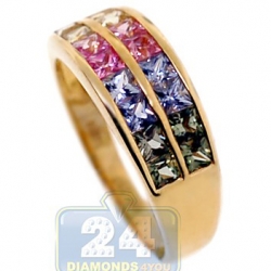 14K Yellow Gold 1.94 ct Rainbow Multicolored Sapphire Womens Band Ring