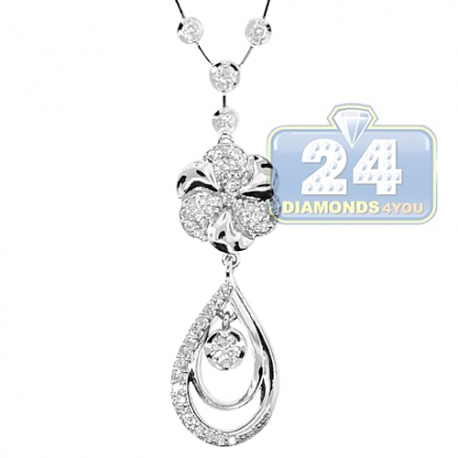 Womens Diamond Flower Lariat Necklace 14K White Gold 1.25ct 18"