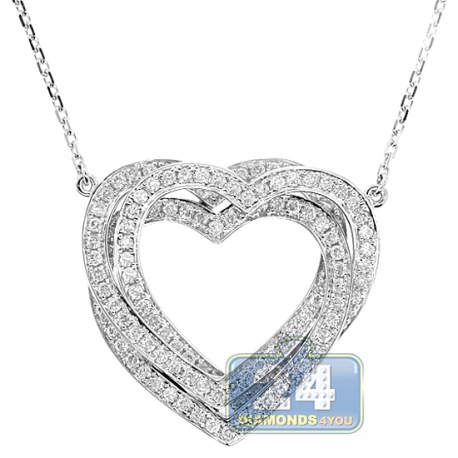 Womens Diamond Layered Heart Pendant Necklace 14K White Gold