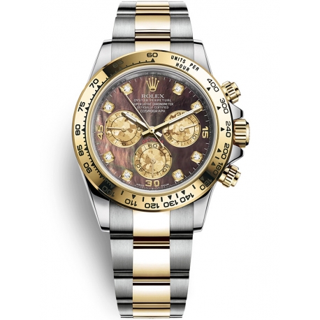 116503-0009 Rolex Oyster Daytona Steel Yellow Gold Diamond Black MOP Dial Watch