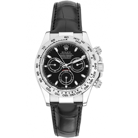 116519-BKSL Rolex Oyster Cosmograph Daytona White Gold Black Dial Leather Strap Watch