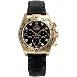 Rolex Cosmograph Daytona Yellow Gold Diamond Black Dial Leather Watch 116518-DD