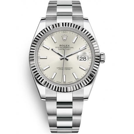 126334-0003 Rolex Datejust Steel 18K White Gold Silver Dial Fluted Bezel Oyster Watch 41mm