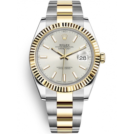 126333-0001 Rolex Datejust Steel 18K Yellow Gold Silver Dial Fluted Bezel Oyster Watch 41mm