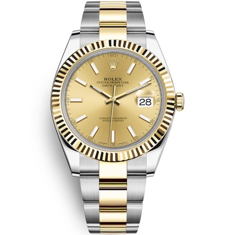 126333-0009 Rolex Datejust Steel 18K Yellow Gold Champagne Dial Fluted Bezel Oyster Watch 41mm