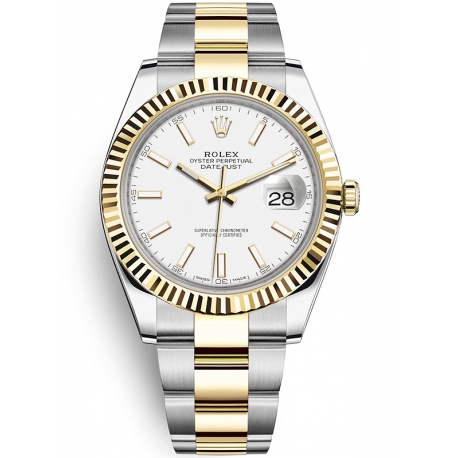 126333-0015 Rolex Datejust Steel 18K Yellow Gold White Dial Fluted Bezel Oyster Watch 41mm