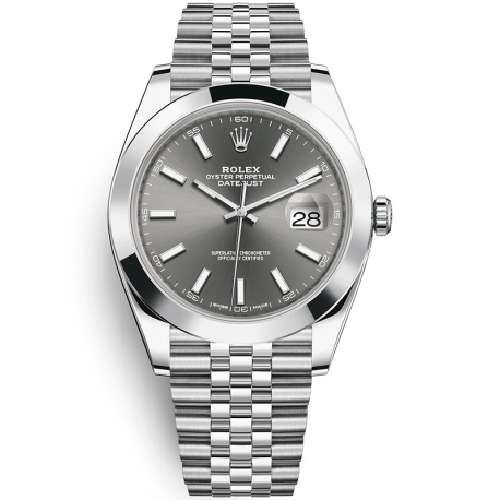 126300-0008 Rolex Datejust Steel Dark Rhodium Dial Smooth Bezel Jubilee Watch 41mm