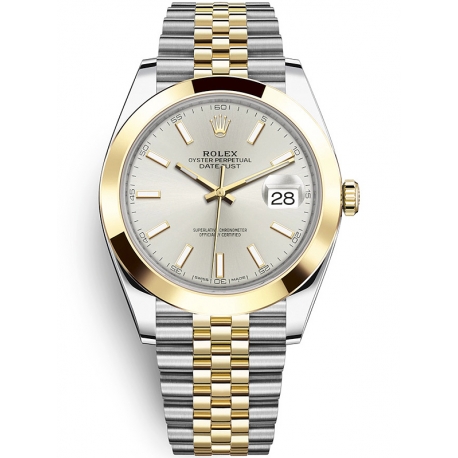 126303-0002 Rolex Datejust Steel 18K Yellow Gold Silver Dial Smooth Bezel Jubilee Watch 41mm