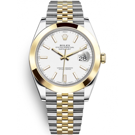 126303-0016 Rolex Datejust Steel 18K Yellow Gold White Dial Smooth Bezel Jubilee Watch 41mm