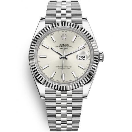 126334-0004 Rolex Datejust Steel White Gold Silver Dial Fluted Bezel Jubilee Watch 41mm
