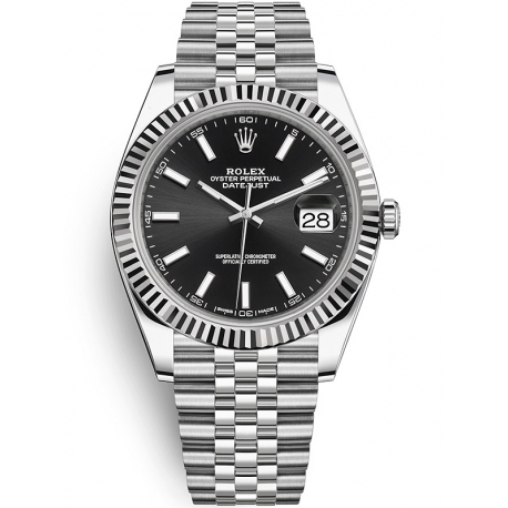 126334-0018 Rolex Datejust Steel White Gold Black Dial Fluted Bezel Jubilee Watch 41mm
