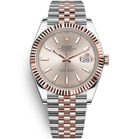 126331-0010 Rolex Datejust Steel 18K Everose Gold Sundust Dial Fluted Bezel Jubilee Watch 41mm