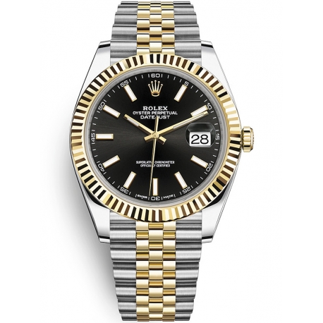 126333-0014 Rolex Datejust Steel 18K Yellow Gold Black Dial Fluted Bezel Jubilee Watch 41mm