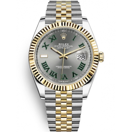 126333-0020 Rolex Datejust Steel 18K Yellow Gold Slate Dial Fluted Bezel Jubilee Watch 41mm