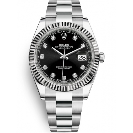 126334-0011 Rolex Datejust Steel 18K White Gold Diamond Black Dial Oyster Watch 41mm