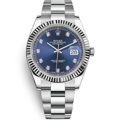 126334-0015 Rolex Datejust Steel 18K White Gold Diamond Blue Dial Oyster Watch 41mm