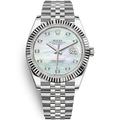 126334-0020 Rolex Datejust Steel 18K White Gold Diamond MOP Dial Fluted Jubilee Watch 41mm