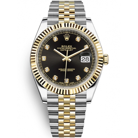 126333-0006 Rolex Datejust Steel 18K Yellow Gold Diamond Black Dial Fluted Jubilee Watch 41mm