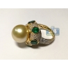 Womens Diamond Emerald 14mm Pearl Cocktail Ring 18K Yellow Gold