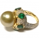 18K Yellow Gold 4.80 ct Diamond Emerald 14 mm Pearl Ring