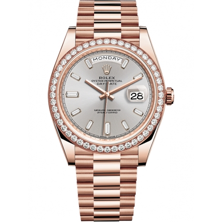 228345RBR-0007 Rolex Day-Date 40 Everose Gold Diamond Bezel Baguette Index Sundust Dial President Watch