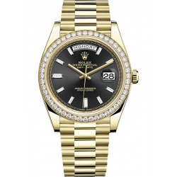 228348RBR-0001 Rolex Day-Date 40 Yellow Gold Diamond Bezel Baguette Black Dial President Watch