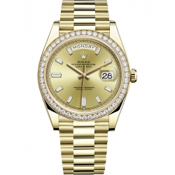 228348RBR-0002 Rolex Day-Date 40 Yellow Gold Diamond Bezel Baguette Champagne Dial President Watch