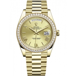 228348RBR-0003 Rolex Day-Date 40 Yellow Gold Diamond Bezel Roman Numerals Champagne Dial President Watch