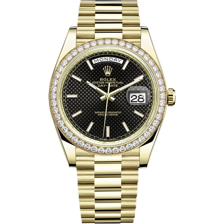 228348RBR-0004 Rolex Day-Date 40 Yellow Gold Diamond Bezel Diagonal Black Dial President Watch
