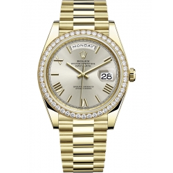 228348RBR-0007 Rolex Day-Date 40 Yellow Gold Diamond Bezel Roman Numerals Silver Dial President Watch