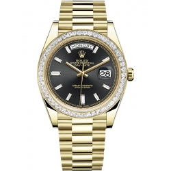 Rolex Day-Date 40 Yellow Gold Trapezoid Diamond Bezel Black Dial President Watch 228398TBR