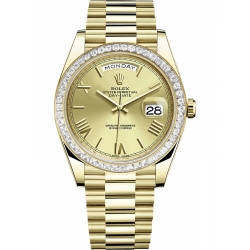 Rolex Day-Date 40 Yellow Gold Trapezoid Diamond Bezel Roman Champagne Dial President Watch 228398TBR