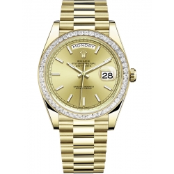 228398TBR-0007 Rolex Day-Date 40 Yellow Gold Trapezoid Diamond Bezel Index Champagne Dial President Watch