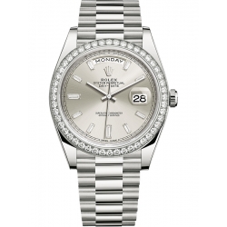 228349RBR-0001 Rolex Day-Date 40 White Gold Diamond Bezel Silver Dial President Watch
