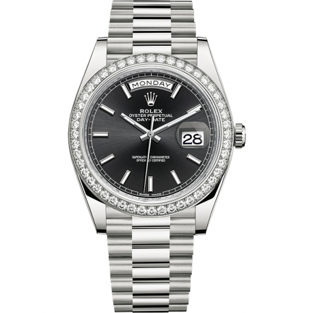 228349RBR-0002 Rolex Day-Date 40 White Gold Diamond Bezel Index Black Dial President Watch
