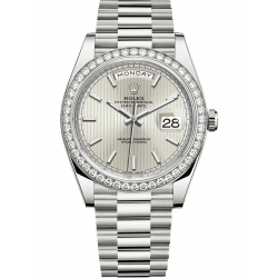 228349RBR-0007 Rolex Day-Date 40 White Gold Diamond Bezel Stripe Motif Silver Dial President Watch
