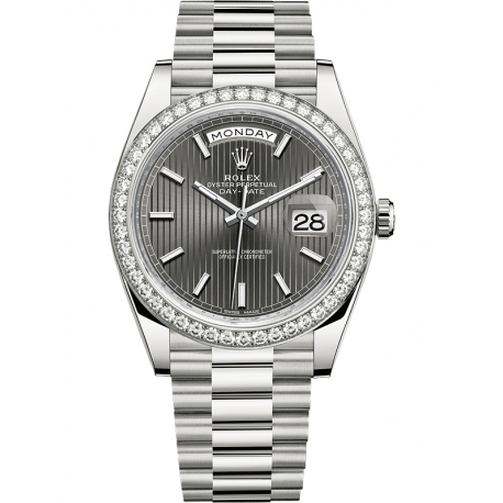228349RBR-0008 Rolex Day-Date 40 White Gold Diamond Bezel Stripe Dark Rhodium Dial President Watch