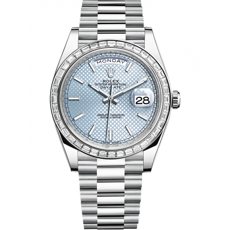 228396TBR-0001 Rolex Day-Date 40 Platinum Diamond Bezel Diagonal Ice Blue Dial President Watch