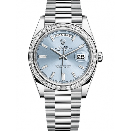 228396TBR-0002 Rolex Day-Date 40 Platinum Diamond Bezel Ice Blue Dial President Watch