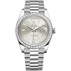 228396TBR-0011 Rolex Day-Date 40 Platinum Diamond Bezel Silver Dial President Watch