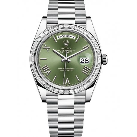 228396TBR-0020 Rolex Day-Date 40 Platinum Diamond Bezel Olive Green Dial President Watch