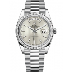 228396TBR-0022 Rolex Day-Date 40 Platinum Diamond Bezel Stripe Silver Dial President Watch