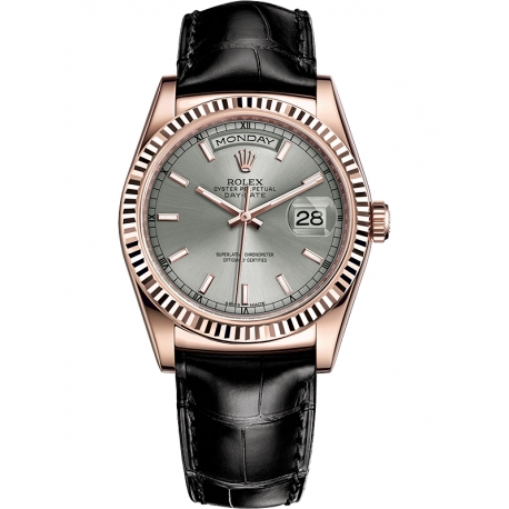 118135-0005 Rolex Day-Date 36 Everose Gold Index Rhodium Dial Black Leather Watch