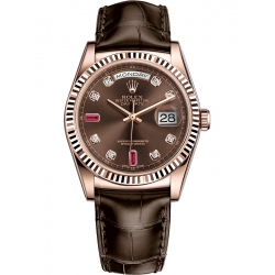 118135-0020 Rolex Day-Date 36 Everose Gold Diamond Ruby Chocolate Dial Tobacco Leather Watch