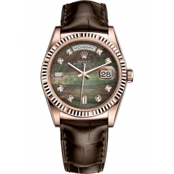 Rolex Day-Date 36 Everose Gold Diamond MOP Dial Tobacco Leather Watch 118135
