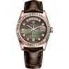 118135-0030 Rolex Day-Date 36 Everose Gold Diamond Black MOP Dial Tobacco Leather Watch